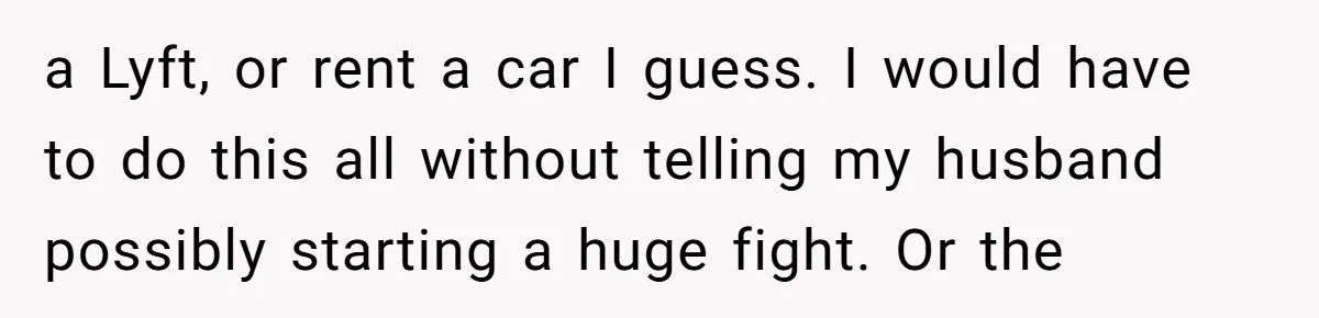 a Lyft, or rent a car I guess. I would have to do this all without telling my husband possibly starting a huge fight. Or the