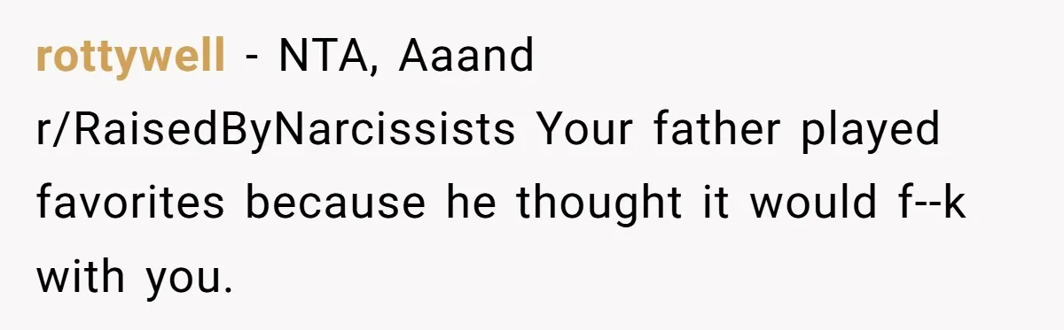 rottywell − NTA, Aaand r/RaisedByNarcissists Your father played favorites because he thought it would f--k with you.
