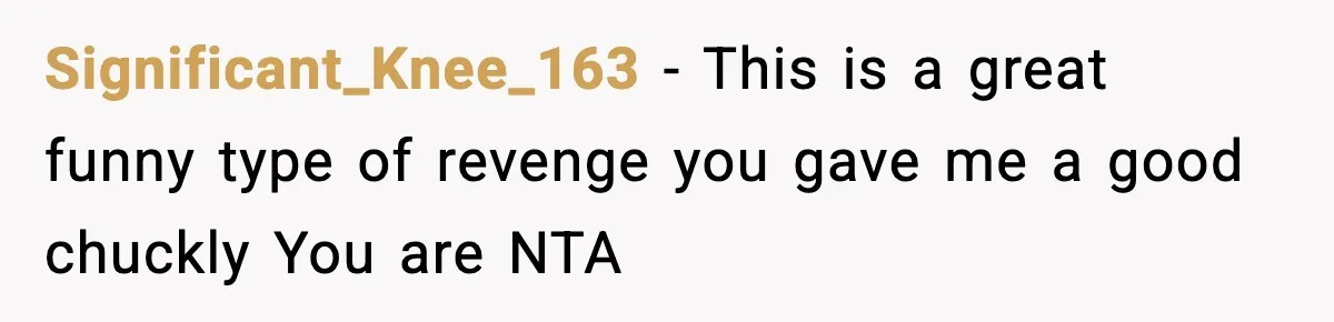 Significant_Knee_163 − This is a great funny type of revenge you gave me a good chuckly You are NTA