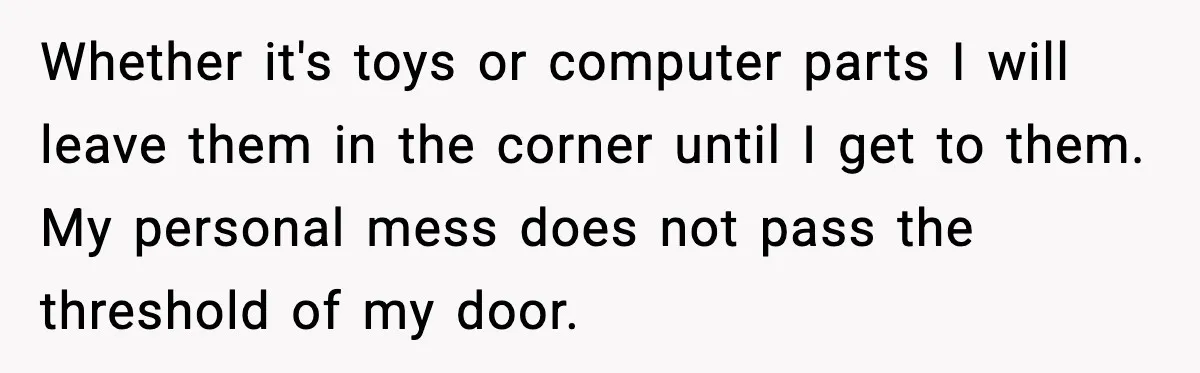 Whether it's toys or computer parts I will leave them in the corner until I get to them. My personal mess does not pass the threshold of my door.