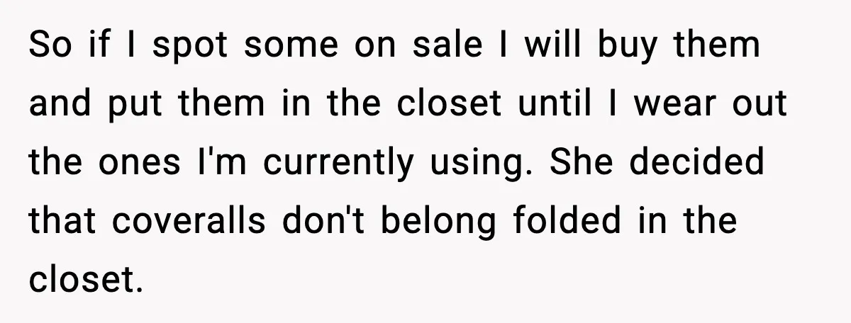 So if I spot some on sale I will buy them and put them in the closet until I wear out the ones I'm currently using. She decided that coveralls...