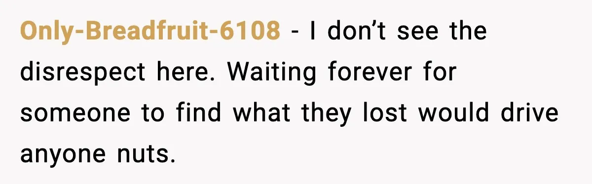 Only-Breadfruit-6108 - I don’t see the disrespect here. Waiting forever for someone to find what they lost would drive anyone nuts.