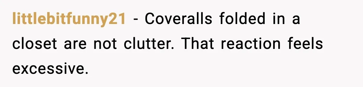 littlebitfunny21 - Coveralls folded in a closet are not clutter. That reaction feels excessive.