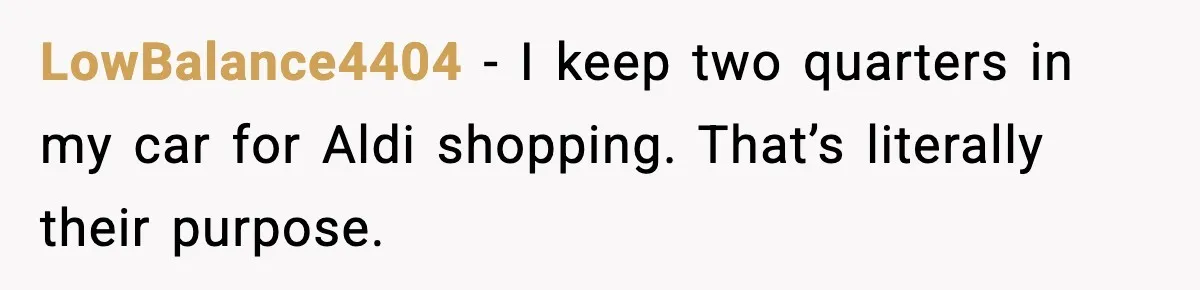 Shopper Refuses to Give Up Aldi Cart for Free and Gets Side-Eyed LowBalance4404 - I keep two quarters in my car for Aldi shopping. That’s literally their purpose.