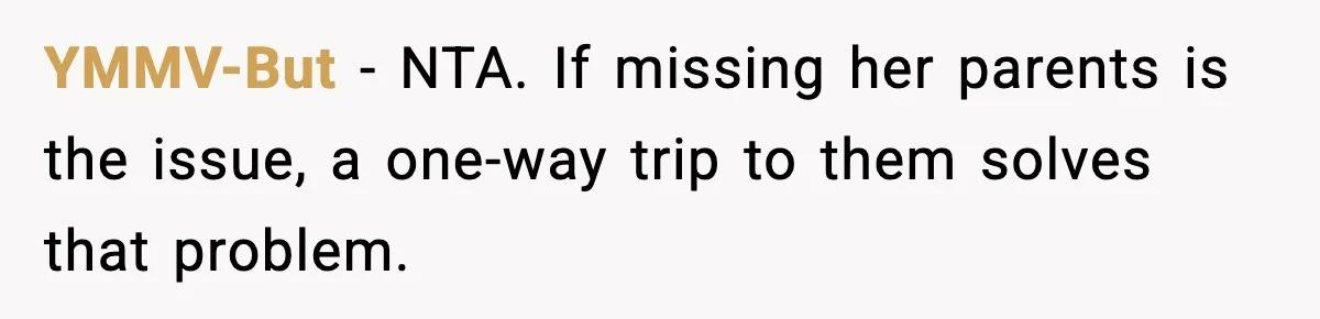 YMMV-But - NTA. If missing her parents is the issue, a one-way trip to them solves that problem.