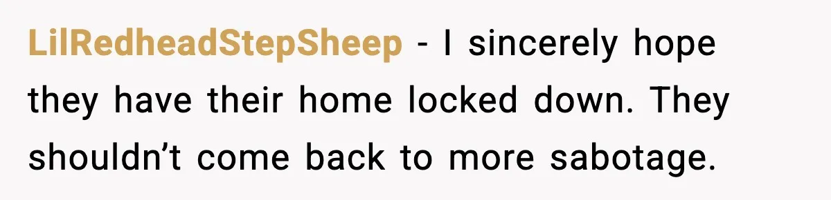 LilRedheadStepSheep - I sincerely hope they have their home locked down. They shouldn’t come back to more sabotage.