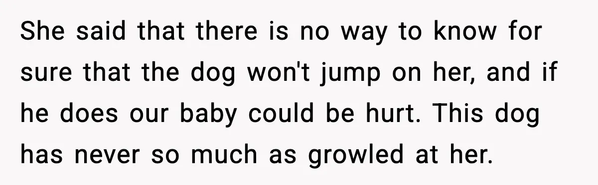 She said that there is no way to know for sure that the dog won't jump on her, and if he does our baby could be hurt. This dog has...
