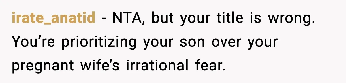 irate_anatid - NTA, but your title is wrong. You’re prioritizing your son over your pregnant wife’s irrational fear.