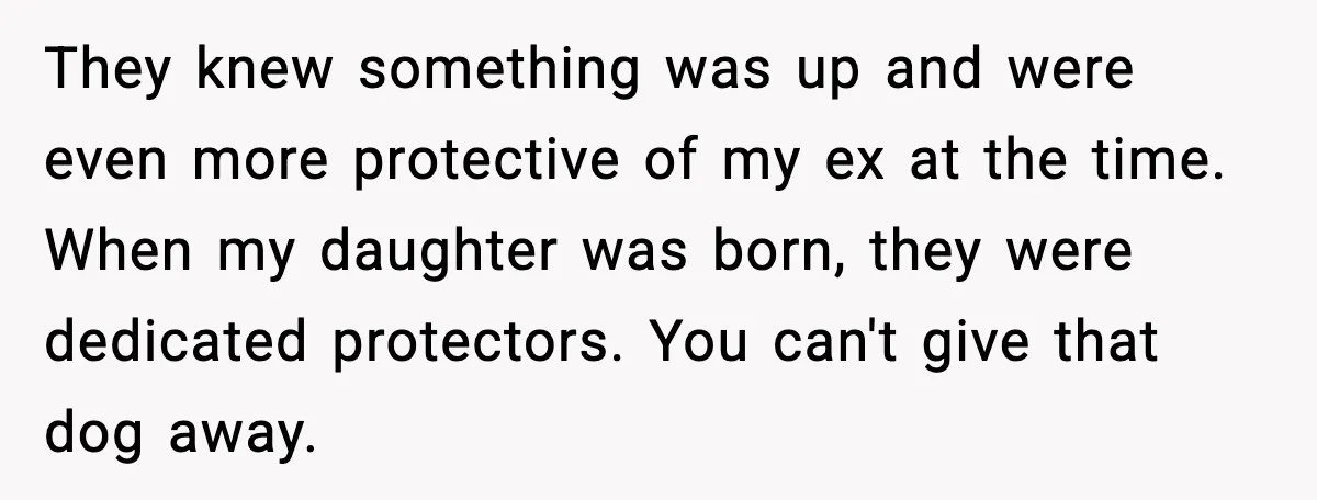 They knew something was up and were even more protective of my ex at the time. When my daughter was born, they were dedicated protectors. You can't give that dog...