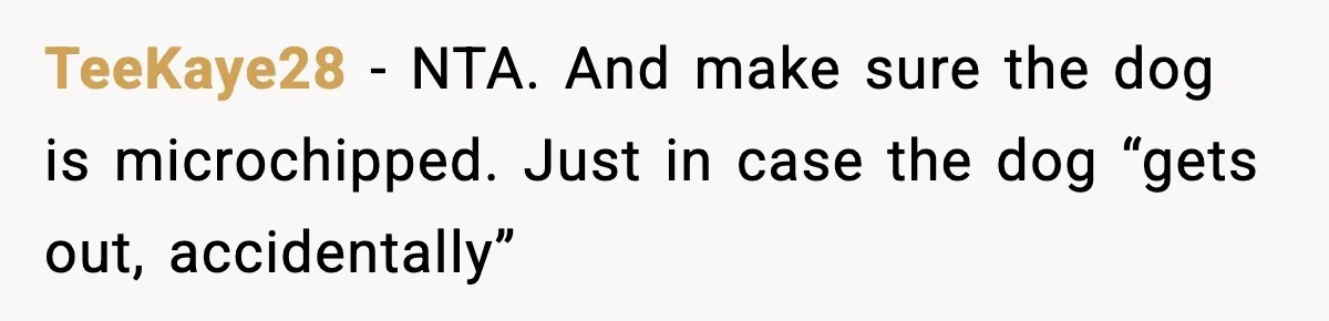 TeeKaye28 - NTA. And make sure the dog is microchipped. Just in case the dog “gets out, accidentally”