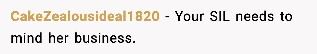 CakeZealousideal1820 − Your SIL needs to mind her business.
