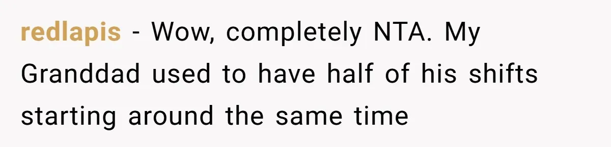 redlapis − Wow, completely NTA. My Granddad used to have half of his shifts starting around the same time