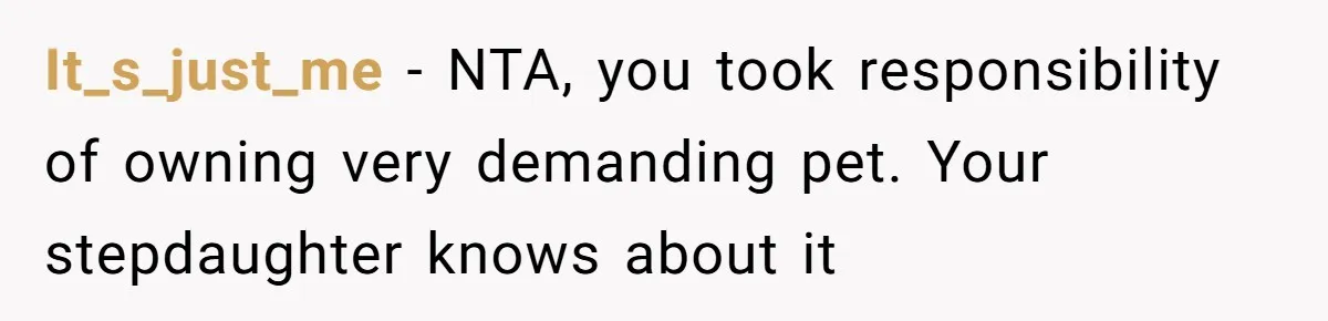 It_s_just_me − NTA, you took responsibility of owning very demanding pet. Your stepdaughter knows about it
