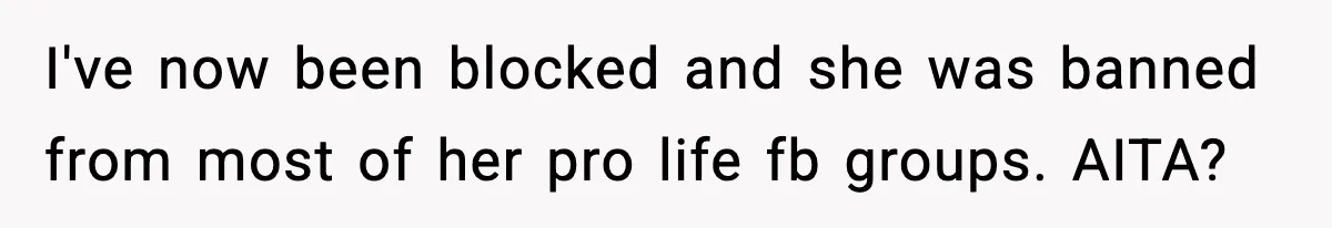 I've now been blocked and she was banned from most of her pro life fb groups. AITA?
