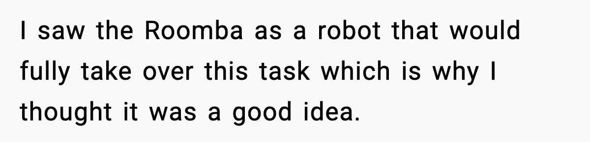 I saw the Roomba as a robot that would fully take over this task which is why I thought it was a good idea.