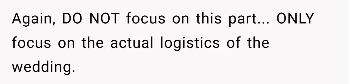 Again, DO NOT focus on this part... ONLY focus on the actual logistics of the wedding.