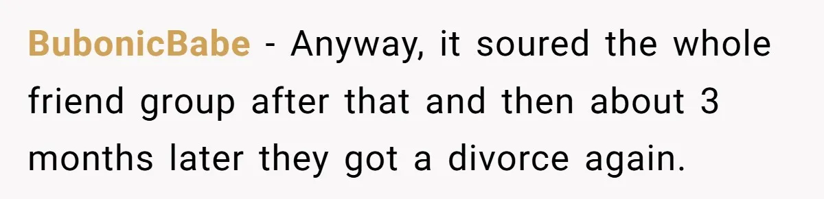 BubonicBabe − Anyway, it soured the whole friend group after that and then about 3 months later they got a divorce again.