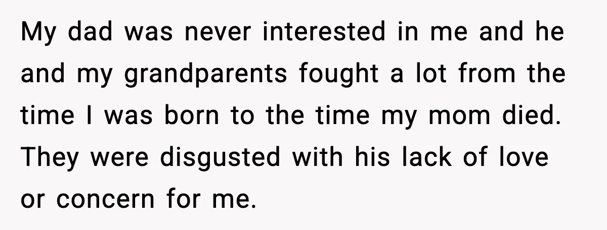 My dad was never interested in me and he and my grandparents fought a lot from the time I was born to the time my mom died. They were disgusted...