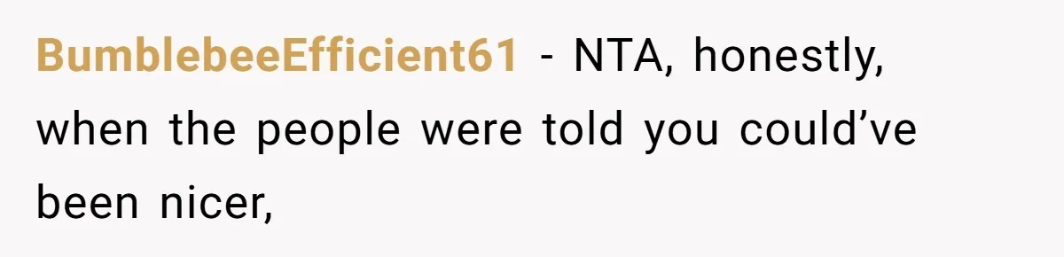BumblebeeEfficient61 − NTA, honestly, when the people were told you could’ve been nicer,