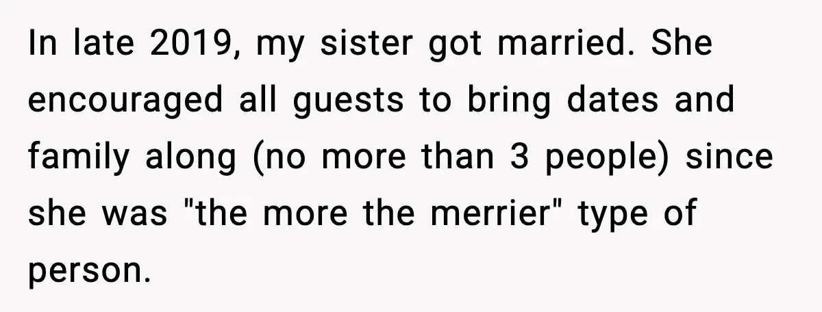 In late 2019, my sister got married. She encouraged all guests to bring dates and family along (no more than 3 people) since she was "the more the merrier" type...