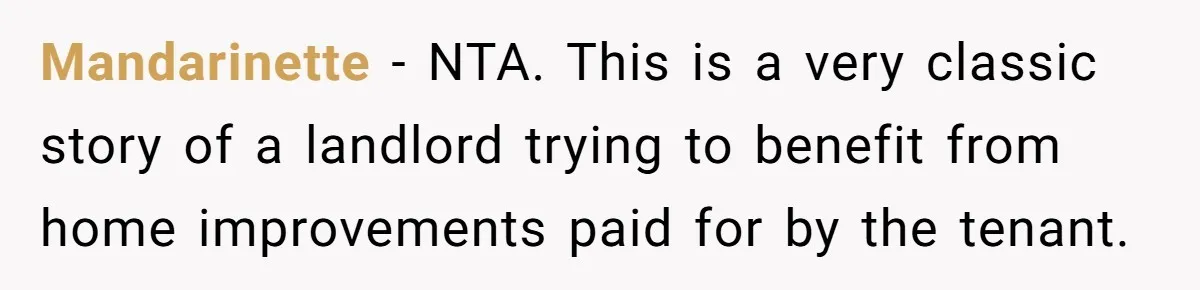 Mandarinette − NTA. This is a very classic story of a landlord trying to benefit from home improvements paid for by the tenant.