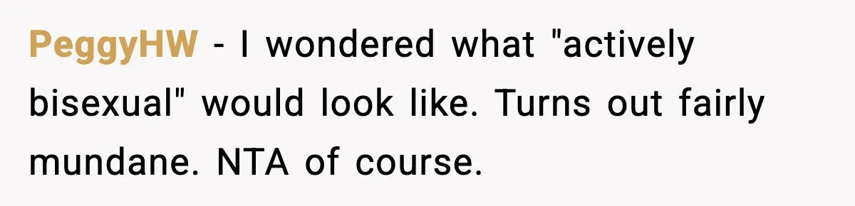 PeggyHW - I wondered what "actively bisexual" would look like. Turns out fairly mundane. NTA of course.