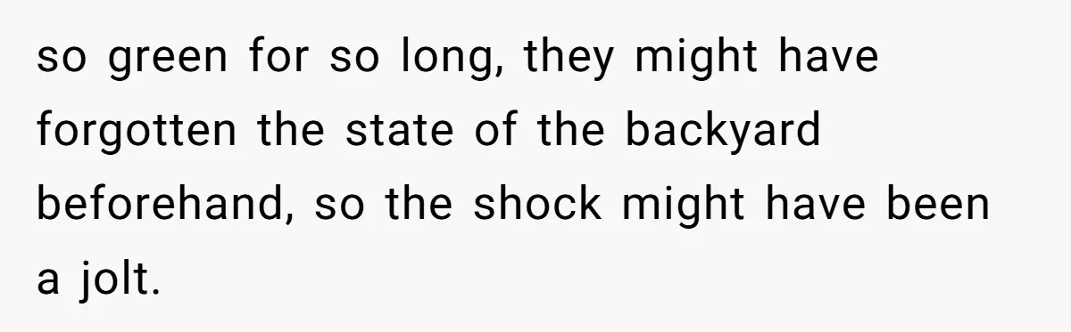 so green for so long, they might have forgotten the state of the backyard beforehand, so the shock might have been a jolt.