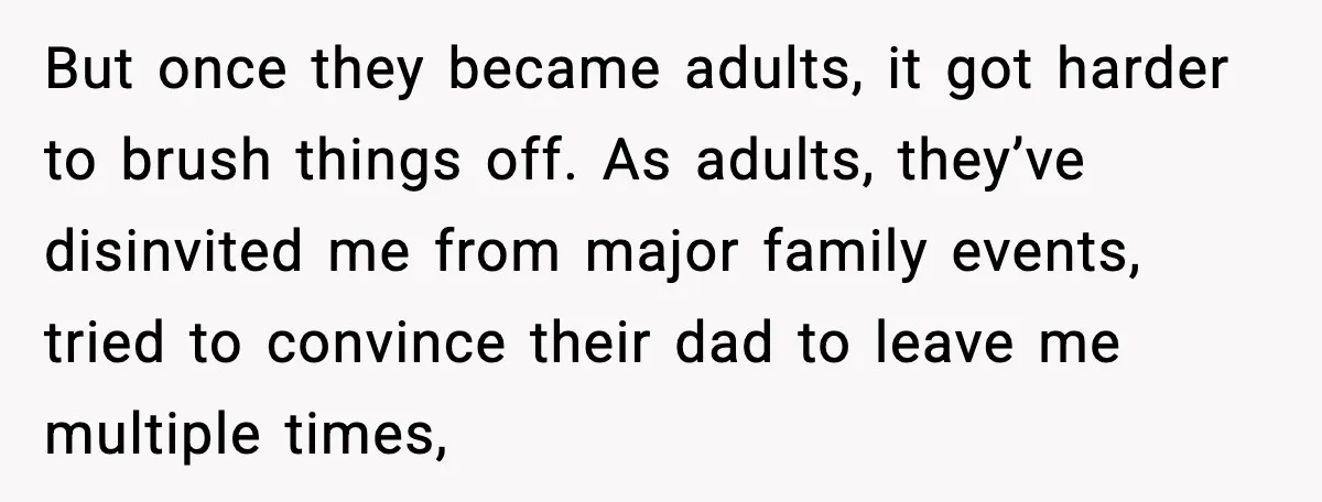 But once they became adults, it got harder to brush things off. As adults, they’ve disinvited me from major family events, tried to convince their dad to leave me multiple...