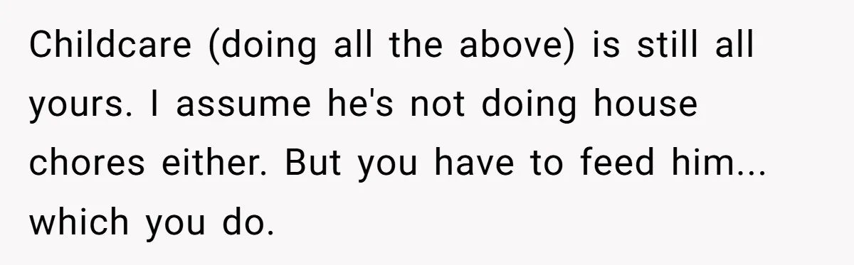 Childcare (doing all the above) is still all yours. I assume he's not doing house chores either. But you have to feed him... which you do.