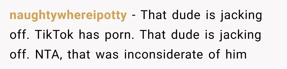 naughtywhereipotty − That dude is jacking off. TikTok has porn. That dude is jacking off. NTA, that was inconsiderate of him