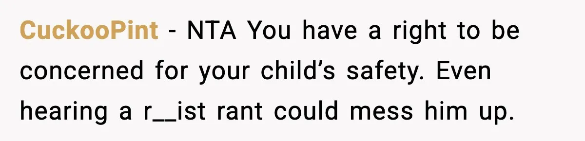 CuckooPint - NTA You have a right to be concerned for your child’s safety. Even hearing a r__ist rant could mess him up.