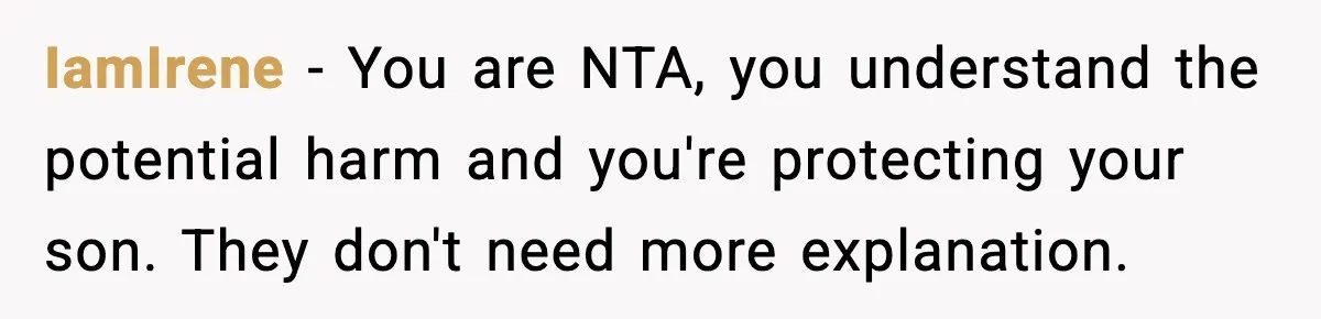 IamIrene - You are NTA, you understand the potential harm and you're protecting your son. They don't need more explanation.