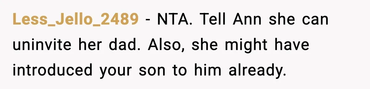 Less_Jello_2489 - NTA. Tell Ann she can uninvite her dad. Also, she might have introduced your son to him already.