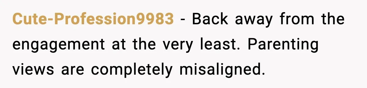 Cute-Profession9983 - Back away from the engagement at the very least. Parenting views are completely misaligned.
