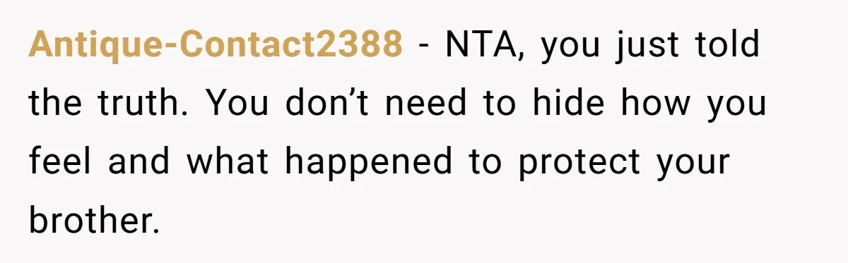 Antique-Contact2388 − NTA, you just told the truth. You don’t need to hide how you feel and what happened to protect your brother.