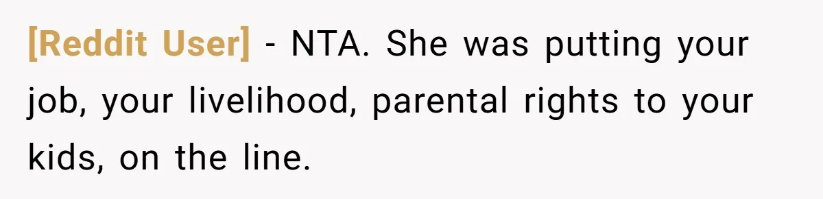 [Reddit User] − NTA. She was putting your job, your livelihood, parental rights to your kids, on the line.