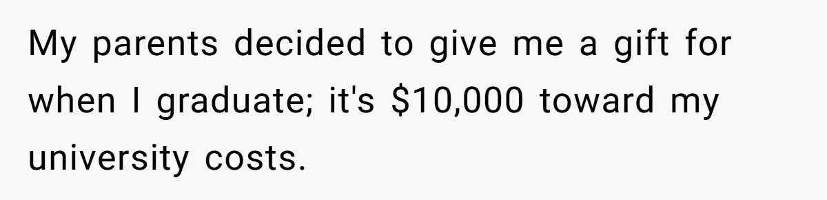 My parents decided to give me a gift for when I graduate; it's $10,000 toward my university costs.