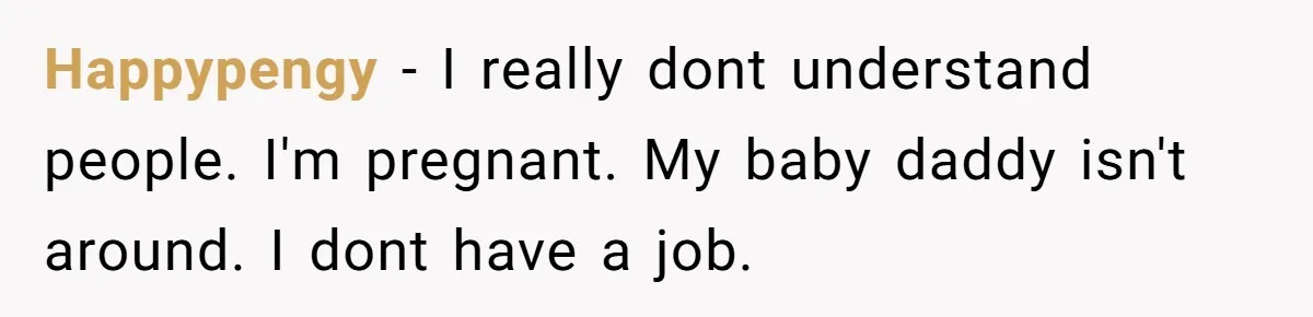Happypengy − I really dont understand people. I'm pregnant. My baby daddy isn't around. I dont have a job.