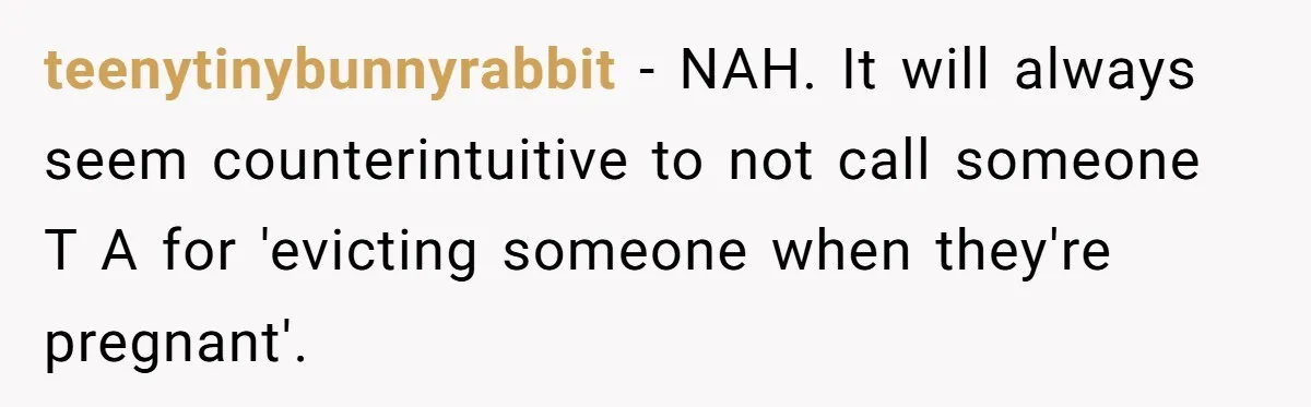 teenytinybunnyrabbit − NAH. It will always seem counterintuitive to not call someone T A for 'evicting someone when they're pregnant'.