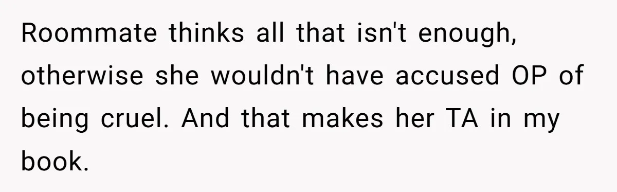 Roommate thinks all that isn't enough, otherwise she wouldn't have accused OP of being cruel. And that makes her TA in my book.