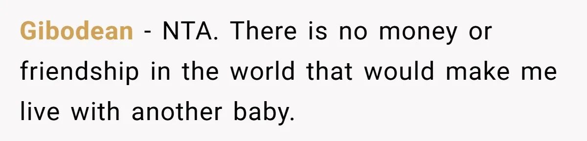 Gibodean − NTA. There is no money or friendship in the world that would make me live with another baby.