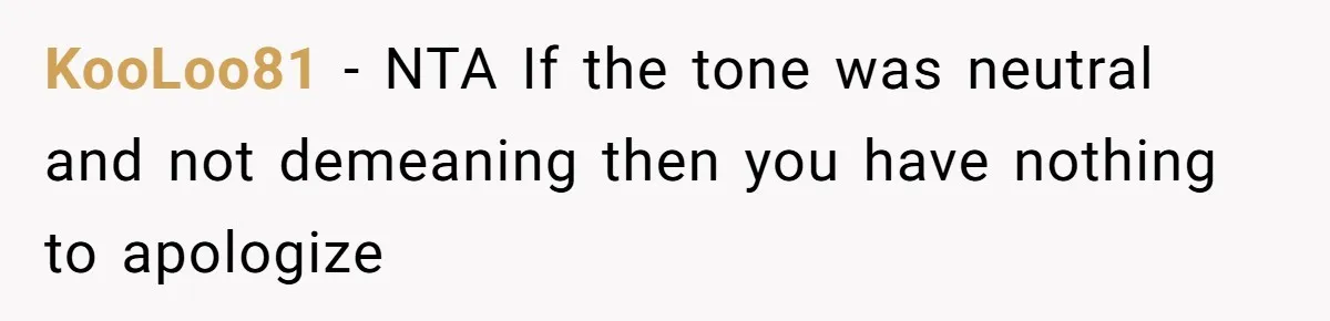 KooLoo81 − NTA If the tone was neutral and not demeaning then you have nothing to apologize