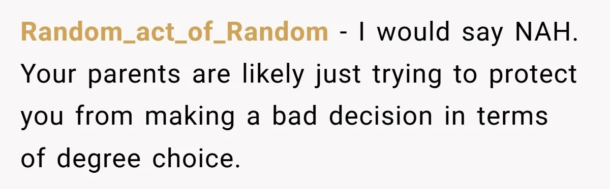 Random_act_of_Random − I would say NAH. Your parents are likely just trying to protect you from making a bad decision in terms of degree choice.