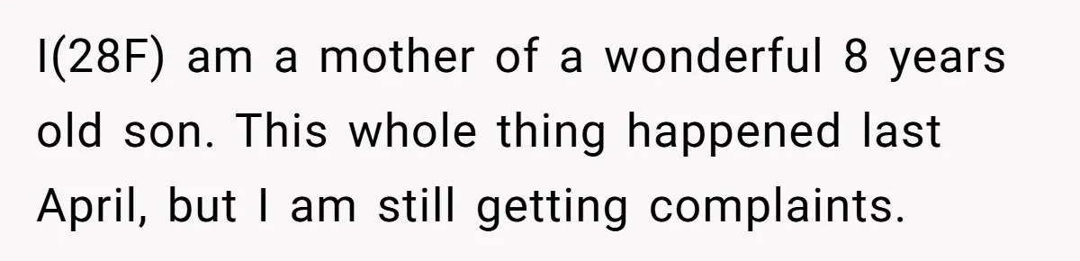 I(28F) am a mother of a wonderful 8 years old son. This whole thing happened last April, but I am still getting complaints.
