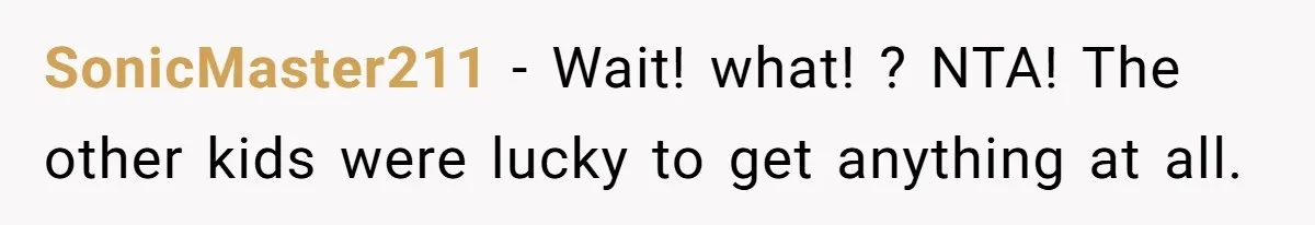 SonicMaster211 − Wait! what! ? NTA! The other kids were lucky to get anything at all.