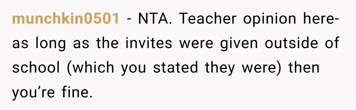 munchkin0501 − NTA. Teacher opinion here- as long as the invites were given outside of school (which you stated they were) then you’re fine.