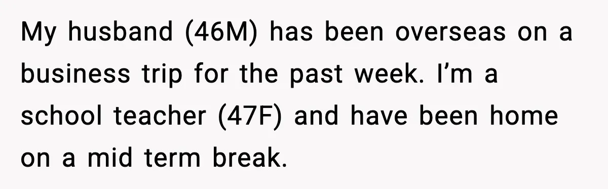 My husband (46M) has been overseas on a business trip for the past week. I’m a school teacher (47F) and have been home on a mid term break.