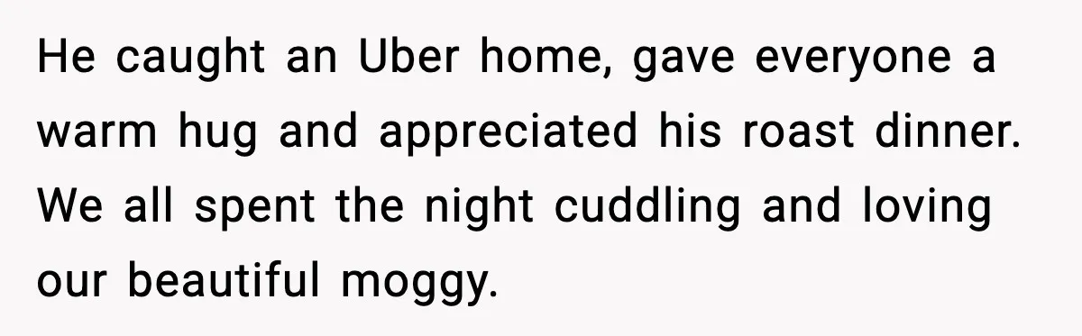 He caught an Uber home, gave everyone a warm hug and appreciated his roast dinner. We all spent the night cuddling and loving our beautiful moggy.