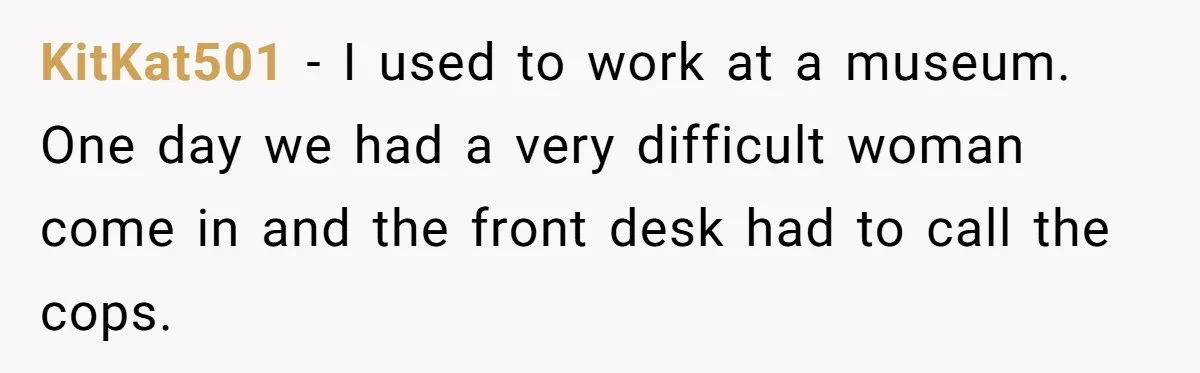 KitKat501 − I used to work at a museum. One day we had a very difficult woman come in and the front desk had to call the cops.