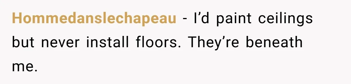Hommedanslechapeau − I’d paint ceilings but never install floors. They’re beneath me.